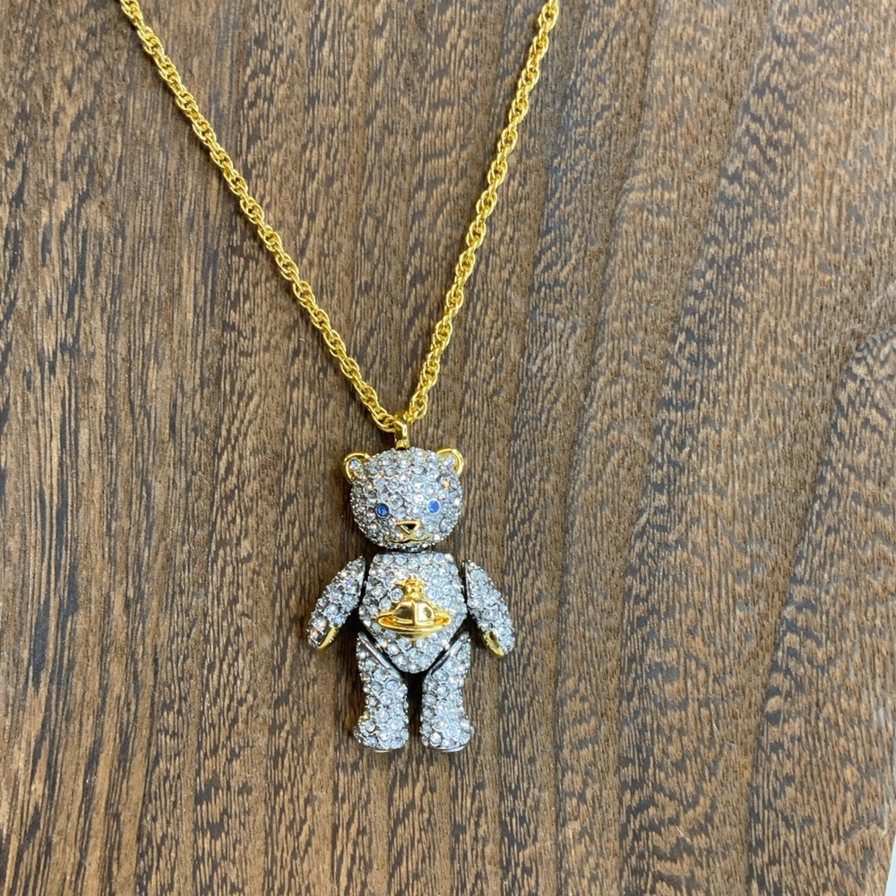 Vivienne Westwood Gold and Clear Crystal Teddy Bear Pendant Necklace 30” RARE!